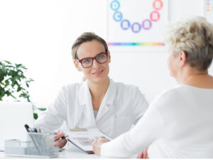 An expert talking to a client