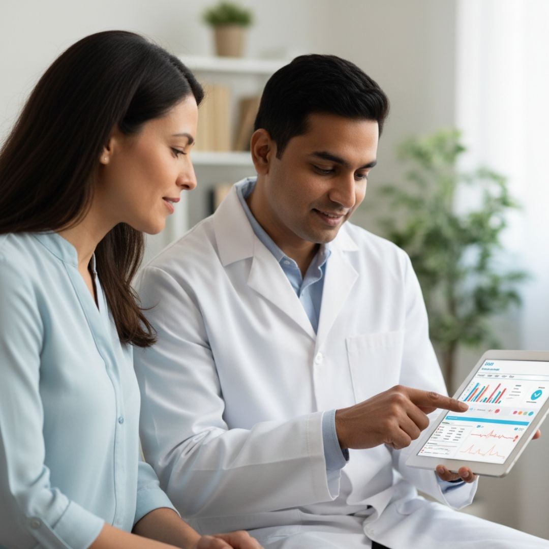 woman and doctor looking at health assessments and treatment plans