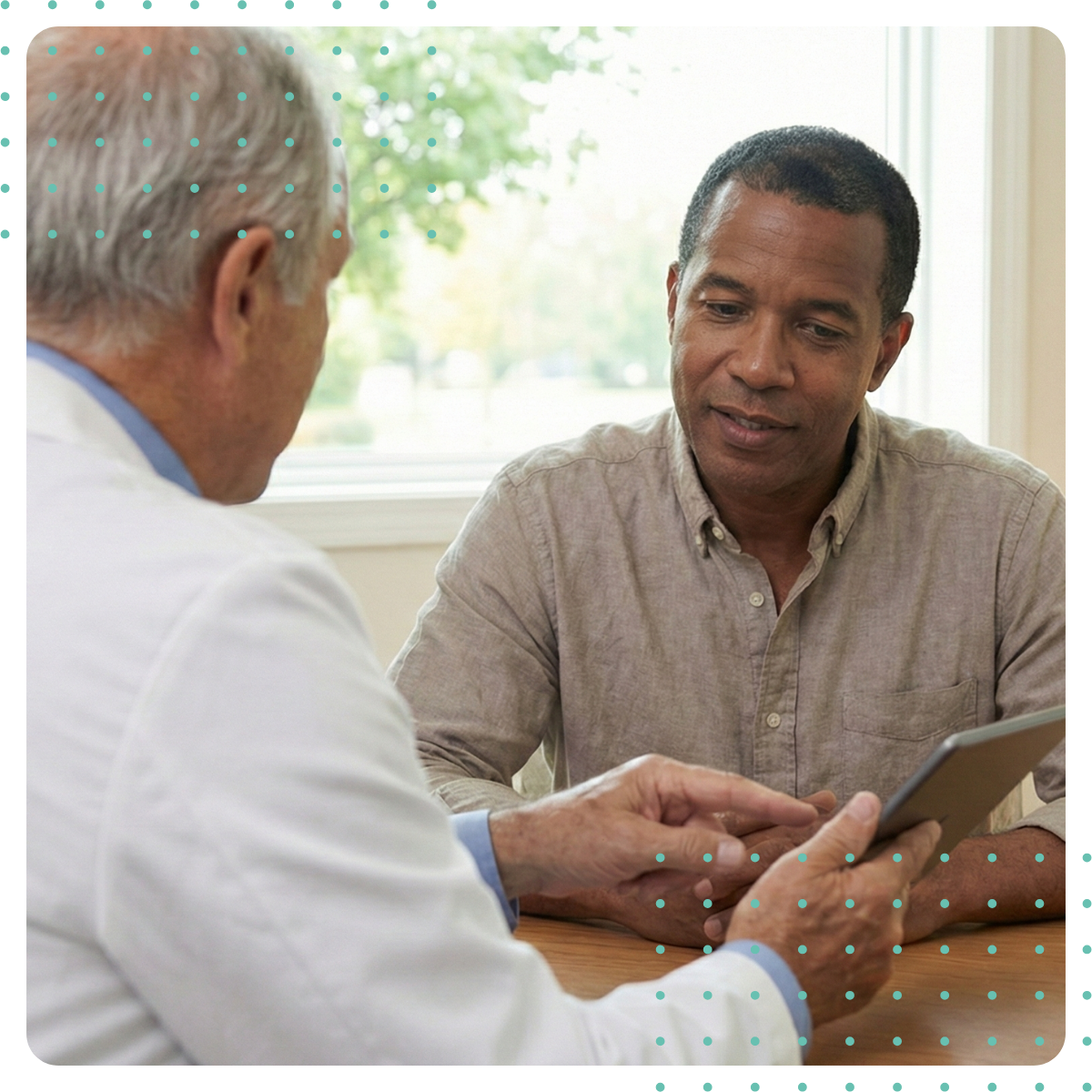 clinical professional having a discussion with a patient while pointing at a tablet