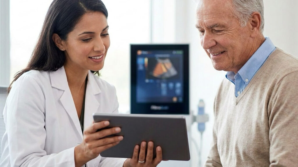 A diverse doctor and patient discussing liver health results.