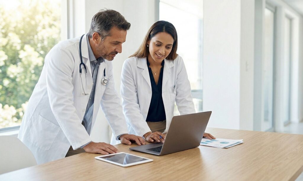 Two diverse doctors collaborate and review data on a laptop and tablet within a modern, sunlit medical clinic office.