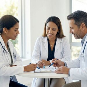 A diverse team of three doctors collaborates closely during a meeting over medical charts in a bright clinic.
