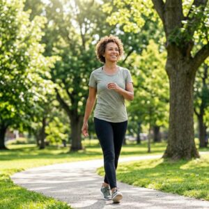 A smiling, active adult walks confidently on a sunny pathway through a vibrant, tree-lined park.