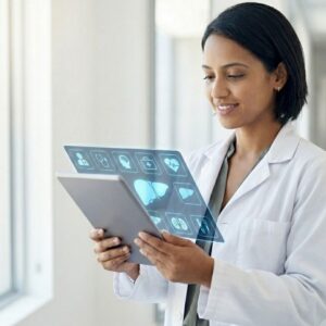 A medical specialist comfortably reviews data visualized as medical icons on a digital tablet in a sunlit clinic.