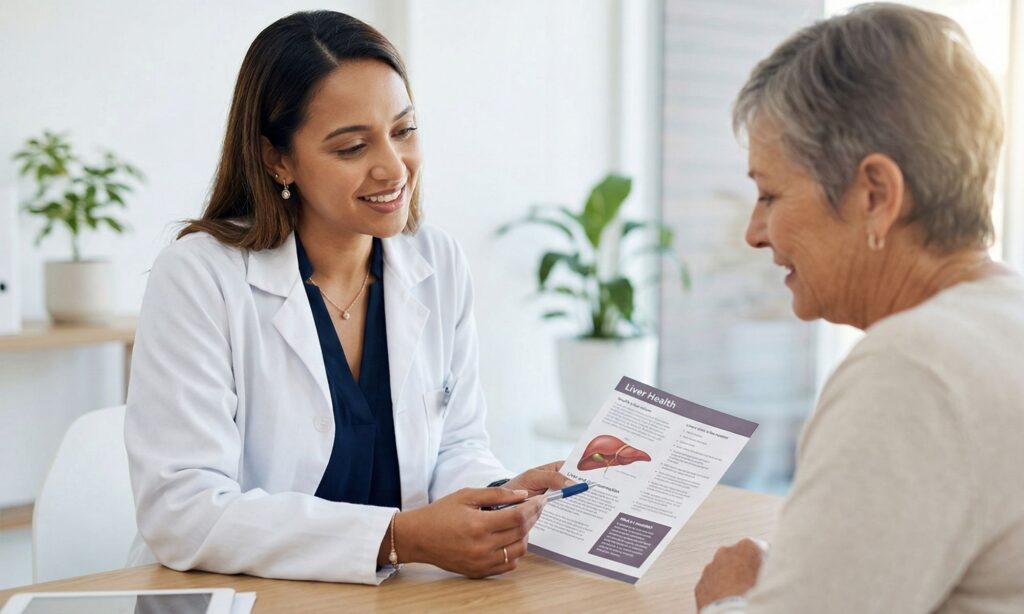 A doctor and patient discuss liver health results using a brochure in a sunlit medical office.
