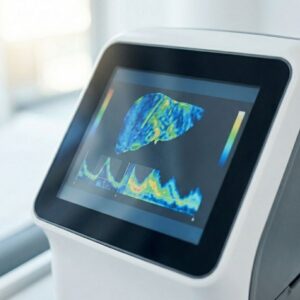 A detailed macro photograph shows abstract data patterns on a medical diagnostic screen for liver assessment.